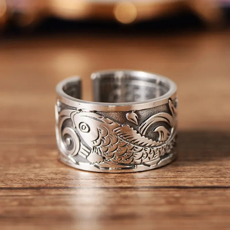Ethnic Style Silver Color Ring Retro Koi Fish Heart Sutra Opening Men\'s and Women\'s Rings Lucky Rings Casual Party Rings