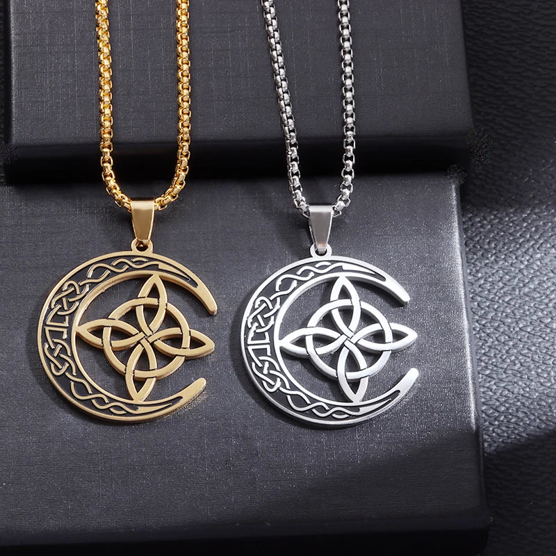 Stainless Steel Witchy Witch Knot Moon Pendant Necklace Women's Charm Fashion Nordic Style Irish Celtic Jewelry