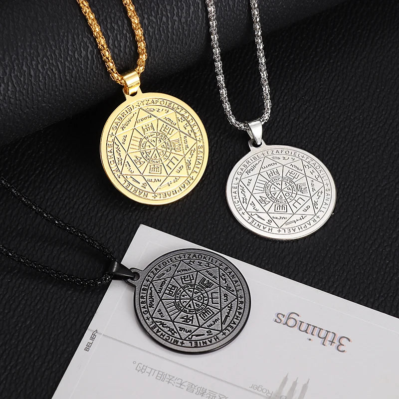 Stainless Steel 7 Archangel Seal Necklace Solomon Kabbalah Seal Pendant Men's Supernatural Protection Amulet Magical Jewelry